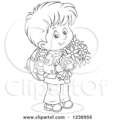 Clipart of a Black and White School Boy Carrying Flowers - Royalty Free Vector Illustration by Alex Bannykh