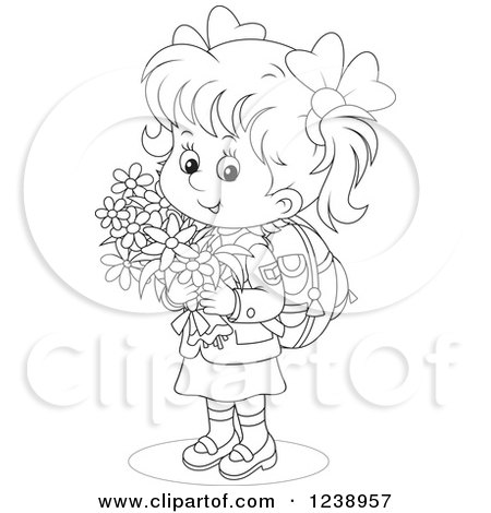 Clipart of a Black and White School Girl Carrying Flowers - Royalty Free Vector Illustration by Alex Bannykh