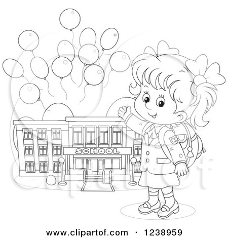 Clipart of a Black and White School Girl Presenting a Building, with Party Balloons - Royalty Free Vector Illustration by Alex Bannykh