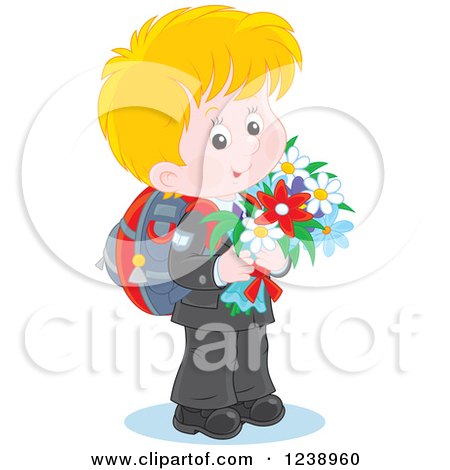 Clipart of a Blond Caucasian School Boy Carrying Flowers - Royalty Free Vector Illustration by Alex Bannykh