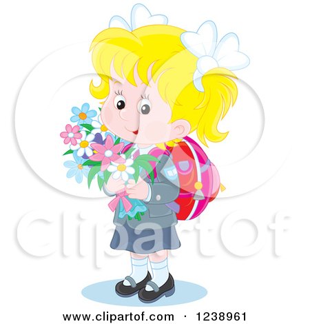 Clipart of a Blond School Girl Carrying Flowers - Royalty Free Vector Illustration by Alex Bannykh