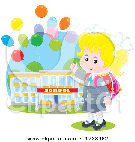 Clipart of a Blond School Girl Presenting a Building, with Party Balloons - Royalty Free Vector Illustration by Alex Bannykh