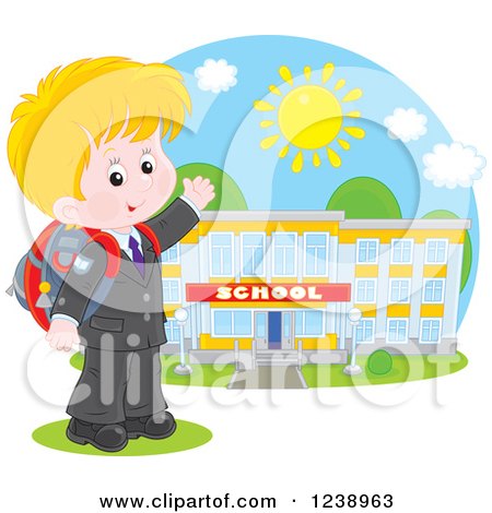 Clipart of a Blond School Boy Presenting a Building on a Sunny Day - Royalty Free Vector Illustration by Alex Bannykh