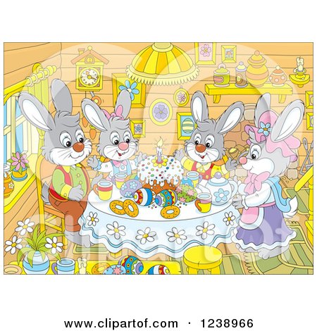 Clipart of a Rabbit Family Having Cake in a Cabin on Easter - Royalty Free Vector Illustration by Alex Bannykh