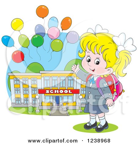 Clipart of a Blond Caucasian School Girl Presenting a Building, with Party Balloons - Royalty Free Vector Illustration by Alex Bannykh