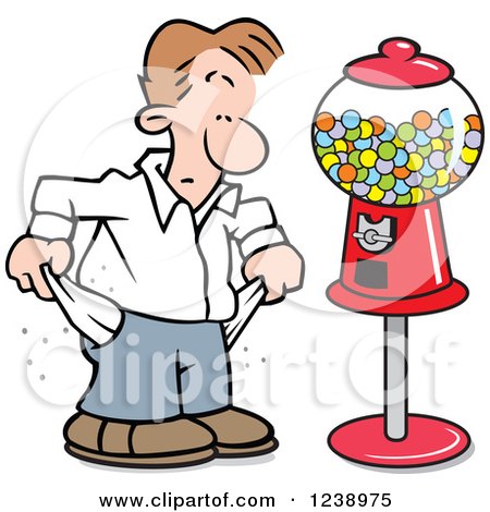 Clipart of a Broke Caucasian Man Pulling out His Pockets by a Gumball Machine - Royalty Free Vector Illustration by Johnny Sajem