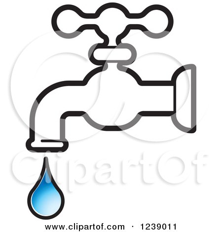 Clipart of a Dripping Black and White Faucet and Blue Droplet - Royalty Free Vector Illustration by Lal Perera