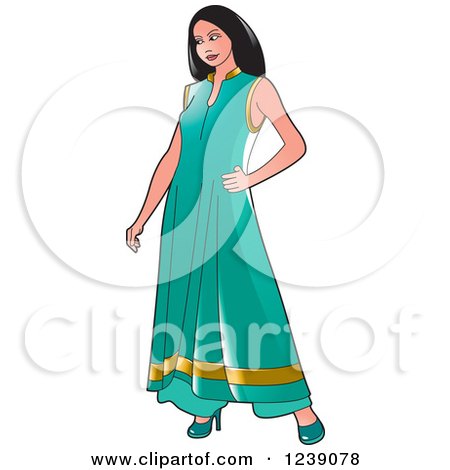 Clipart of a Woman Modeling a Turquoise and Gold Frock Dress - Royalty Free Vector Illustration by Lal Perera