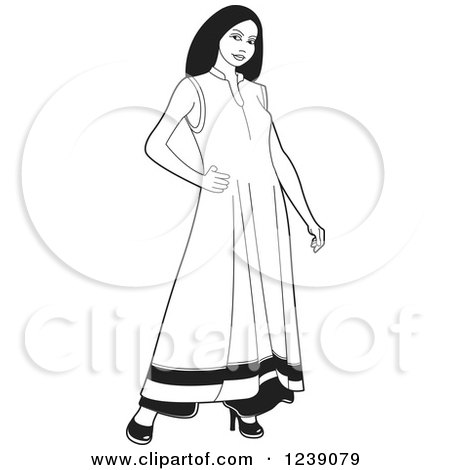 Clipart of a Woman Modeling a Black and White Frock Dress - Royalty Free Vector Illustration by Lal Perera