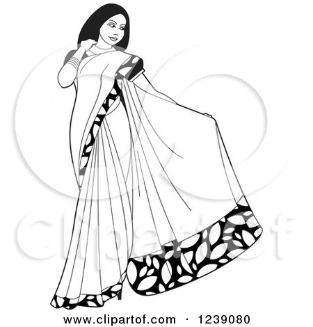Clipart of a Black and White Beautiful Indian Woman Modeling a Saree Dress - Royalty Free Vector Illustration by Lal Perera