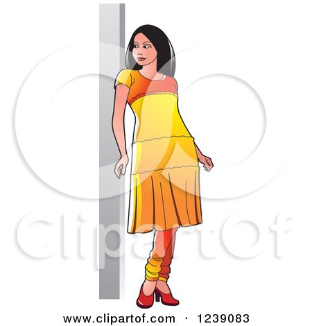 Clipart of a Woman Modeling a Yellow Frock Dress - Royalty Free Vector Illustration by Lal Perera