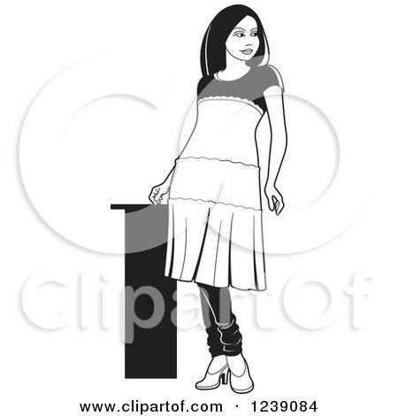 Clipart of a Black and White Woman Modeling a Frock Dress - Royalty Free Vector Illustration by Lal Perera