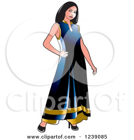 Clipart of a Woman Modeling a Blue and Gold Frock Dress - Royalty Free Vector Illustration by Lal Perera