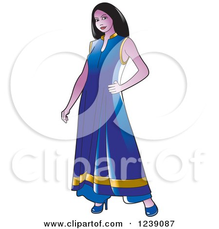 Clipart of a Woman Modeling a Purple and Gold Frock Dress - Royalty Free Vector Illustration by Lal Perera