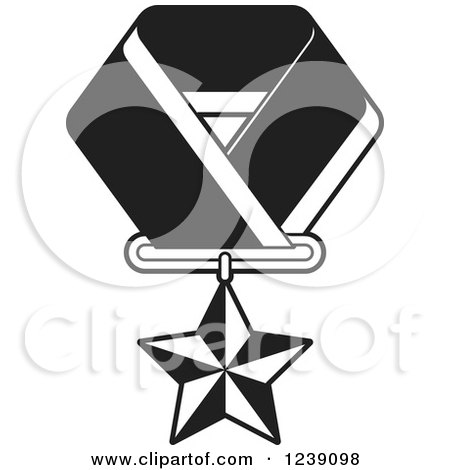 Clipart of a Black and White Star Medal on a Ribbon 2 - Royalty Free Vector Illustration by Lal Perera