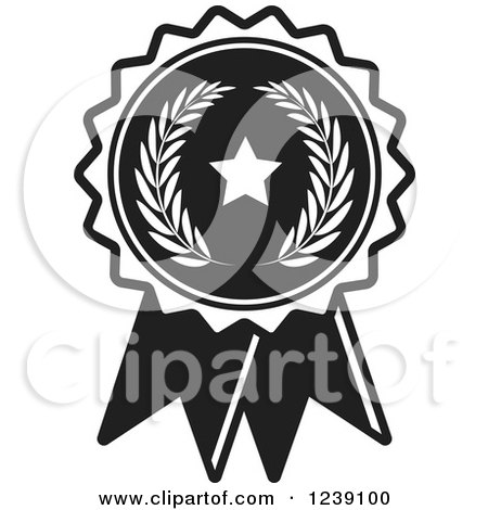 Clipart of a Black and White Olive Branch and Star Medal Rosette - Royalty Free Vector Illustration by Lal Perera