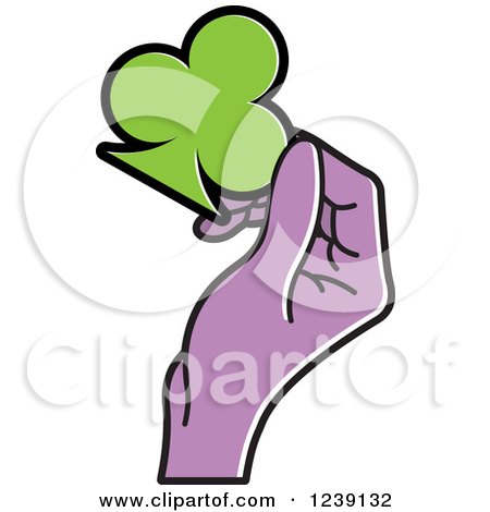 Clipart of a Purple Hand Holding a Green Playing Card Club - Royalty Free Vector Illustration by Lal Perera