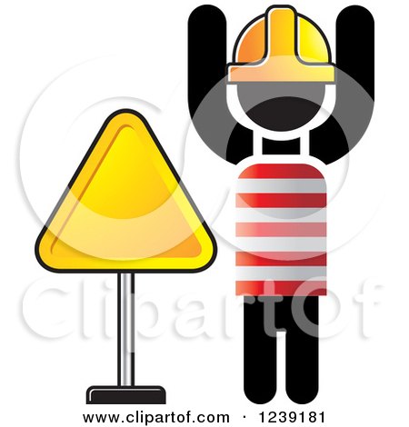 Clipart of a Road Construction Worker with a Triangle Sign - Royalty Free Vector Illustration by Lal Perera