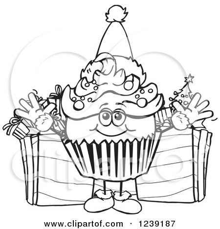 Clipart of a Black and White Christmas Cupcake with Presents - Royalty Free Vector Illustration by Dennis Holmes Designs