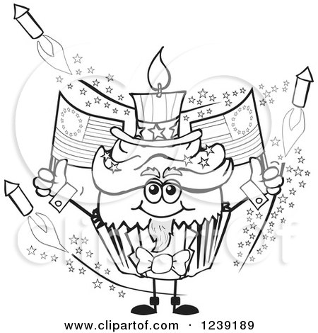 Clipart of a Grayscale Patriotic American Uncle Sam Cupcake with Fireworks and Flags - Royalty Free Vector Illustration by Dennis Holmes Designs