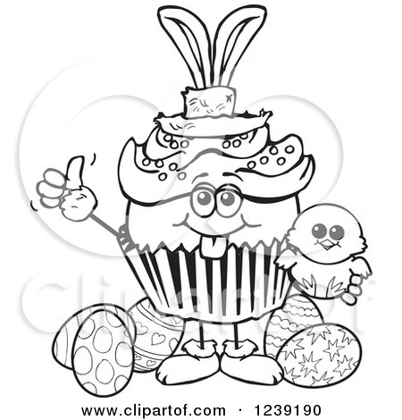 Clipart of a Black and White Easter Bunny Cupcake with a Chick and Eggs - Royalty Free Vector Illustration by Dennis Holmes Designs