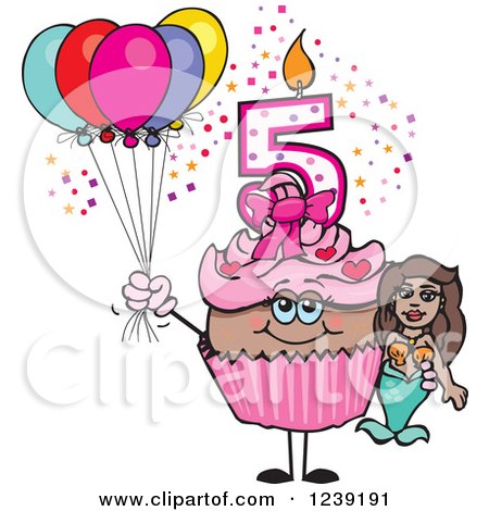 Clipart of a Pink Girls African Fifth Birthday Cupcake with a Mermaid and Balloons - Royalty Free Vector Illustration by Dennis Holmes Designs