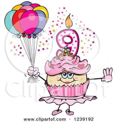Clipart of a Pink Girls Asian Ninth Birthday Ballerina Cupcake with Balloons - Royalty Free Vector Illustration by Dennis Holmes Designs