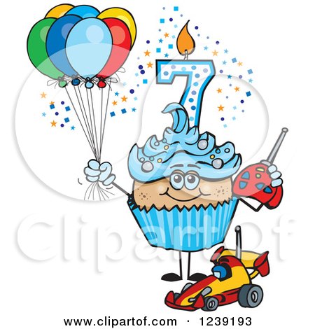 Clipart of a Blue Boys Latino Seventh Birthday Cupcake with a Remote Control Car and Balloons - Royalty Free Vector Illustration by Dennis Holmes Designs