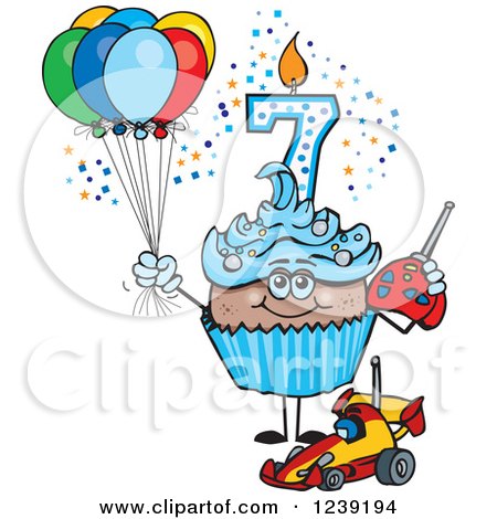 Clipart of a Blue Boys African Seventh Birthday Cupcake with a Remote Control Car and Balloons - Royalty Free Vector Illustration by Dennis Holmes Designs