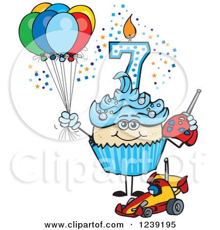 Clipart of a Blue Boys Asian Seventh Birthday Cupcake with a Remote Control Car and Balloons - Royalty Free Vector Illustration by Dennis Holmes Designs