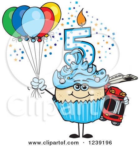 Clipart of a Blue Boys Asian Fifth Birthday Cupcake with a Fire Engine and Balloons - Royalty Free Vector Illustration by Dennis Holmes Designs