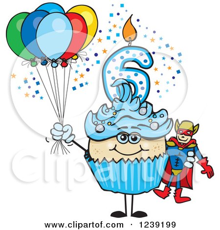 Clipart of a Blue Boys Asian Sixth Birthday Cupcake with a Super Hero and Balloons - Royalty Free Vector Illustration by Dennis Holmes Designs