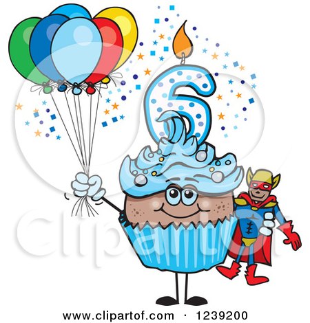 Clipart of a Blue Boys African Sixth Birthday Cupcake with a Super Hero and Balloons - Royalty Free Vector Illustration by Dennis Holmes Designs