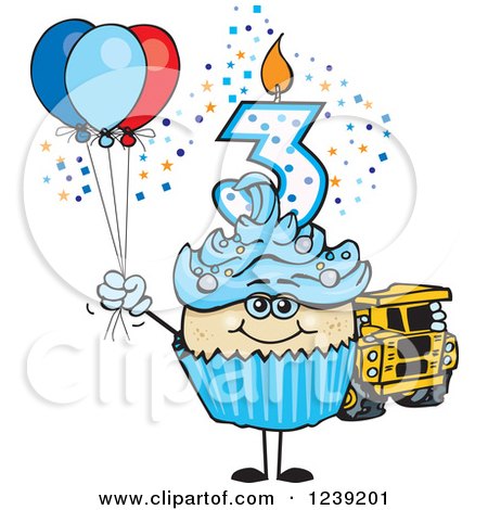 Clipart of a Blue Boys Asian Third Birthday Cupcake with a Toy Truck and Balloons - Royalty Free Vector Illustration by Dennis Holmes Designs