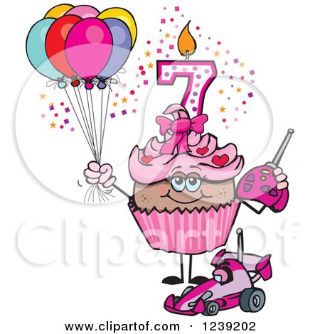Clipart of a Pink Girls African Seventh Birthday Cupcake with a Remote Control Car and Balloons - Royalty Free Vector Illustration by Dennis Holmes Designs