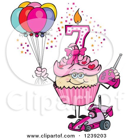 Clipart of a Pink Girls Asian Seventh Birthday Cupcake with a Remote Control Car and Balloons - Royalty Free Vector Illustration by Dennis Holmes Designs