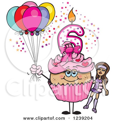 Clipart of a Pink Girls Latina Sixth Birthday Cupcake with a Doll and Balloons - Royalty Free Vector Illustration by Dennis Holmes Designs