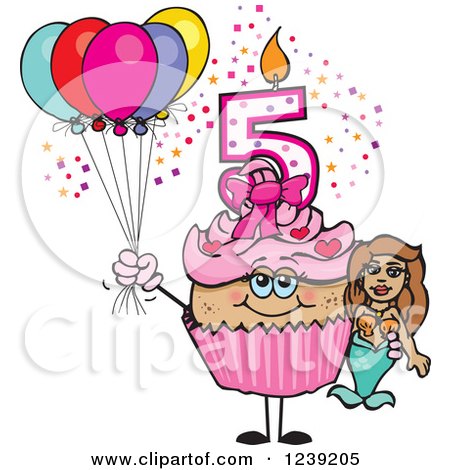 Clipart of a Pink Girls Latina Fifth Birthday Cupcake with a Mermaid and Balloons - Royalty Free Vector Illustration by Dennis Holmes Designs