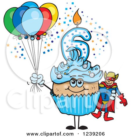 Clipart of a Blue Boys Latino Sixth Birthday Cupcake with a Super Hero and Balloons - Royalty Free Vector Illustration by Dennis Holmes Designs
