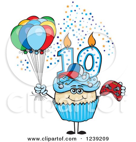 Clipart of a Blue Boys Asian Tenth Birthday Cupcake with a Video Game Controller and Balloons - Royalty Free Vector Illustration by Dennis Holmes Designs