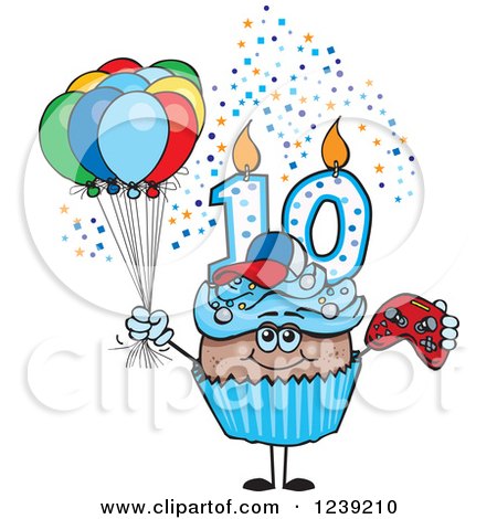 Clipart of a Blue Boys African Tenth Birthday Cupcake with a Video Game Controller and Balloons - Royalty Free Vector Illustration by Dennis Holmes Designs