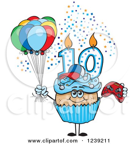 Clipart of a Blue Boys Latino Tenth Birthday Cupcake with a Video Game Controller and Balloons - Royalty Free Vector Illustration by Dennis Holmes Designs