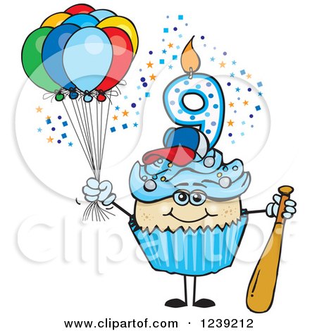 Clipart of a Blue Boys Asian Ninth Birthday Cupcake with a Baseball Bat and Balloons - Royalty Free Vector Illustration by Dennis Holmes Designs