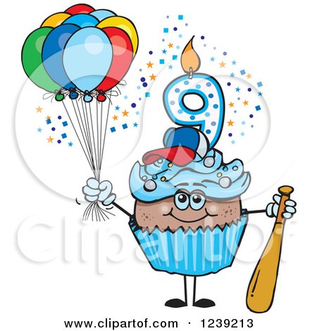 Clipart of a Blue Boys African Ninth Birthday Cupcake with a Baseball Bat and Balloons - Royalty Free Vector Illustration by Dennis Holmes Designs