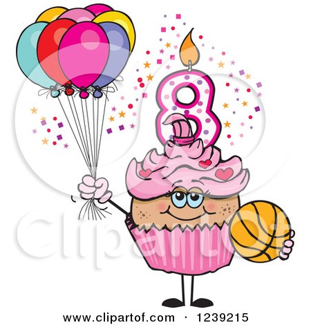 Clipart of a Pink Girls Latina Eighth Birthday Cupcake with a Basketball and Balloons - Royalty Free Vector Illustration by Dennis Holmes Designs