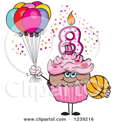 Clipart of a Pink Girls African Eighth Birthday Cupcake with a Basketball and Balloons - Royalty Free Vector Illustration by Dennis Holmes Designs