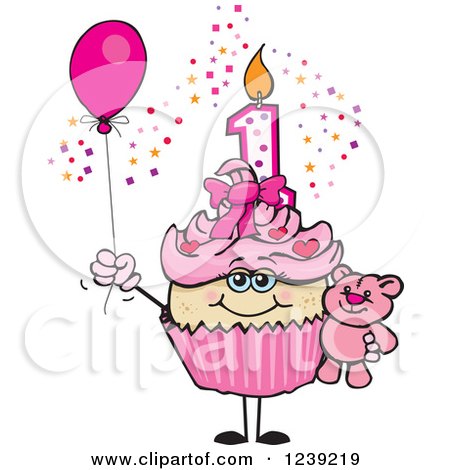 Clipart of a Pink Girls Asian First Birthday Cupcake with a Teddy Bear and Balloon - Royalty Free Vector Illustration by Dennis Holmes Designs
