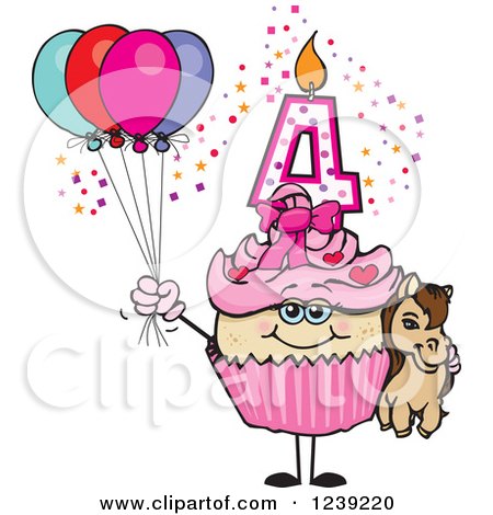 Clipart of a Pink Girls Asian Fourth Birthday Cupcake with a Pony and Balloons - Royalty Free Vector Illustration by Dennis Holmes Designs