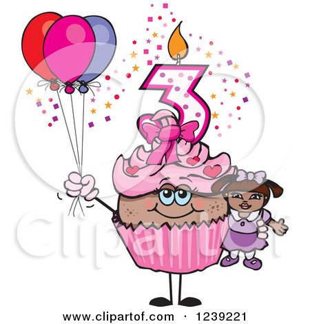 Clipart of a Pink Girls African Third Birthday Cupcake with a Doll and Balloons - Royalty Free Vector Illustration by Dennis Holmes Designs