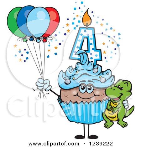 Clipart of a Blue Boys African Fourth Birthday Cupcake with a Dinosaur and Balloons - Royalty Free Vector Illustration by Dennis Holmes Designs